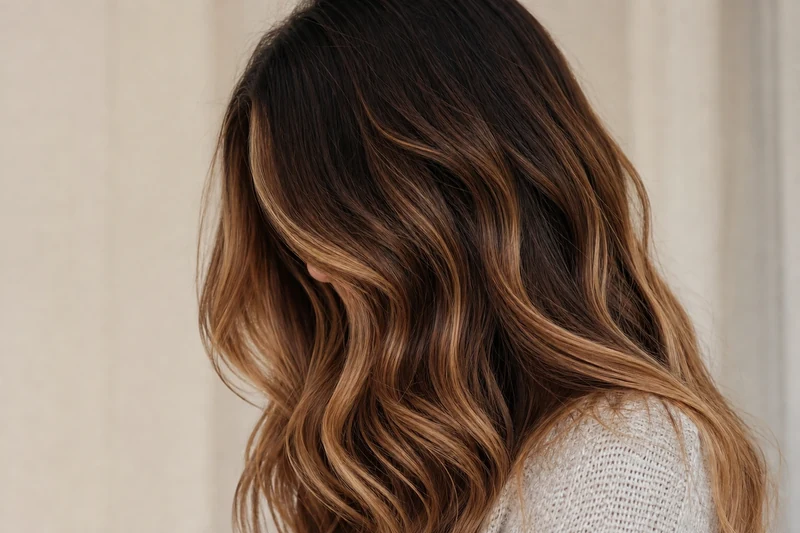Détail des reflets miel et caramel d'un balayage sur cheveux châtain foncé