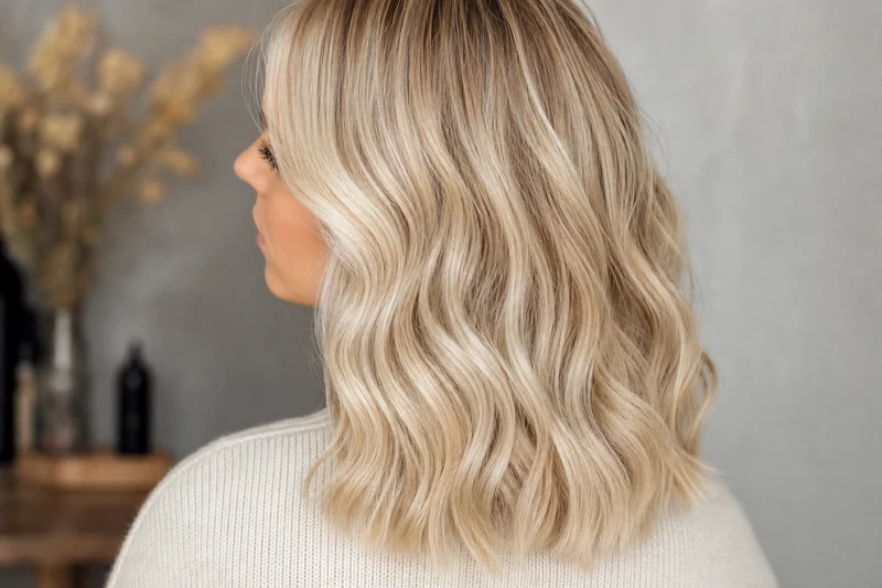Détail de la nuance crémeuse d'un blond vanille avec racines fondues