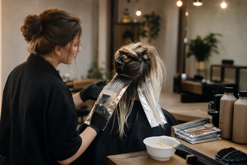 Application d'un balayage main libre en salon de coiffure