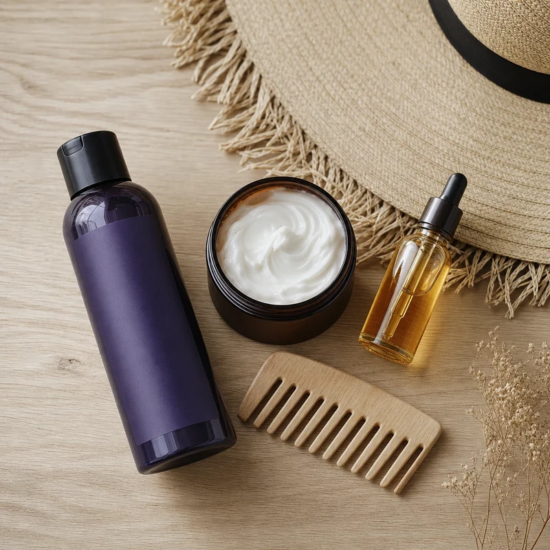 Routine de soins pour cheveux colorés en été : shampoing violet, masque, huile, chapeau
