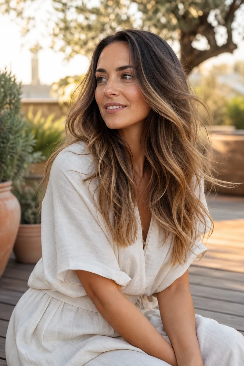 Résultat estival d'un balayage caramel sur cheveux longs en terrasse méditerranéenne