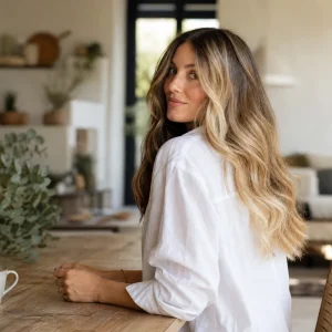 Comparatif visuel balayage caramel et blond vanille sur cheveux longs ondulés en lumière estivale