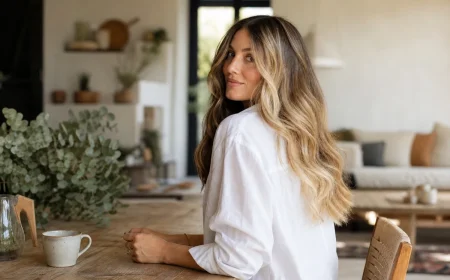 Comparatif visuel balayage caramel et blond vanille sur cheveux longs ondulés en lumière estivale