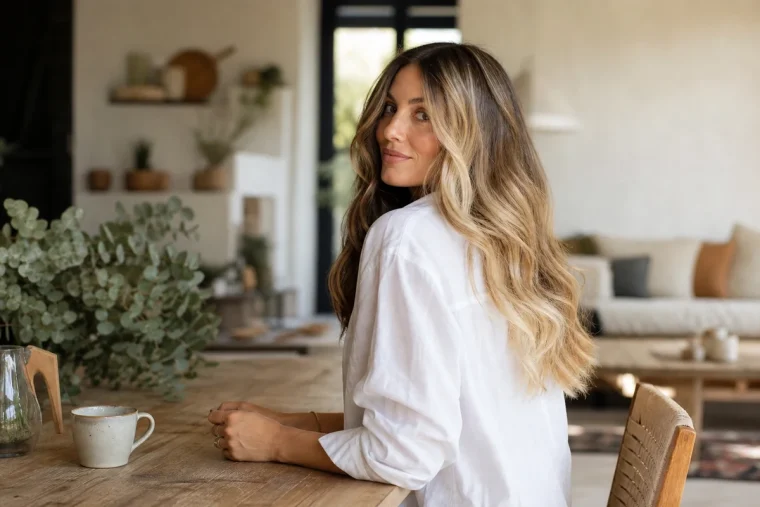 Comparatif visuel balayage caramel et blond vanille sur cheveux longs ondulés en lumière estivale