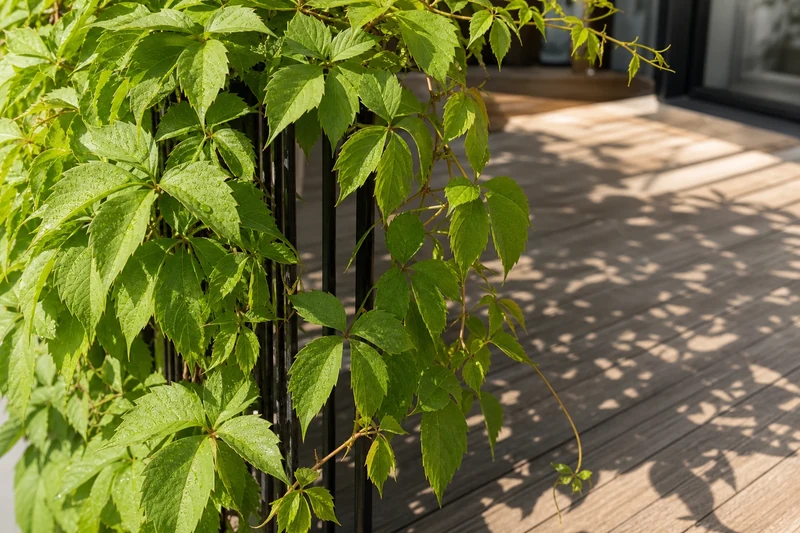 Vigne vierge couvrant une rambarde de balcon et créant de l'ombre