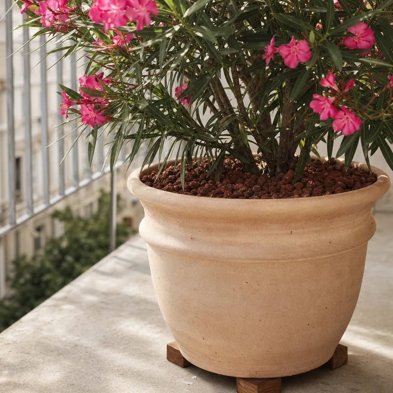 Laurier-rose en grand pot terre cuite avec paillage de pouzzolane