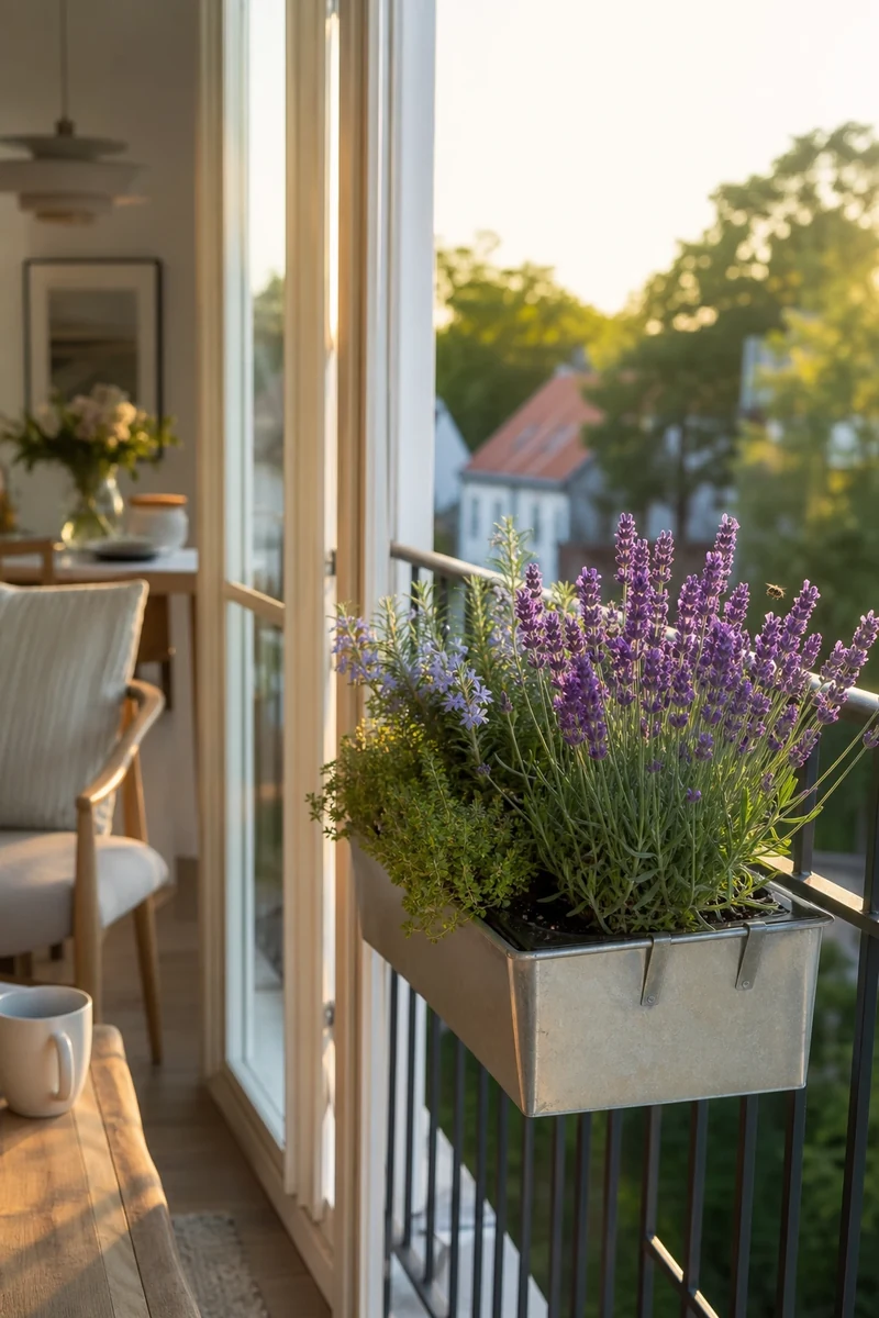 Jardinière de lavande, romarin et thym sur balcon plein sud