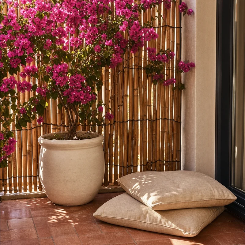 Bougainvillier et claustra en bambou en brise-soleil végétal sur balcon