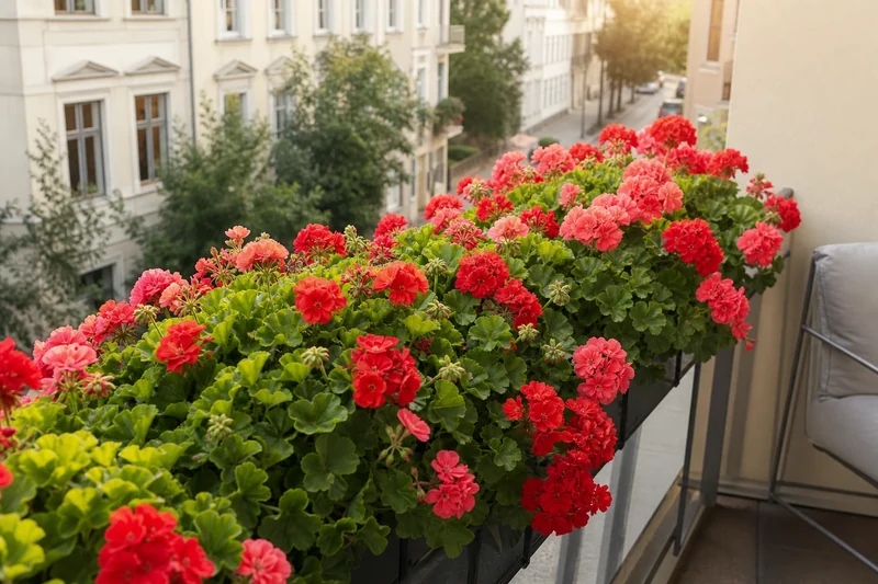 Jardinière de géraniums zonale couvrant la rambarde d'un balcon