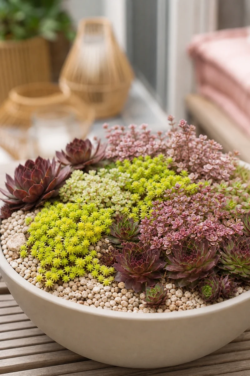 Jardinière de sedums et joubarbes en couvre-pot pour balcon ensoleillé