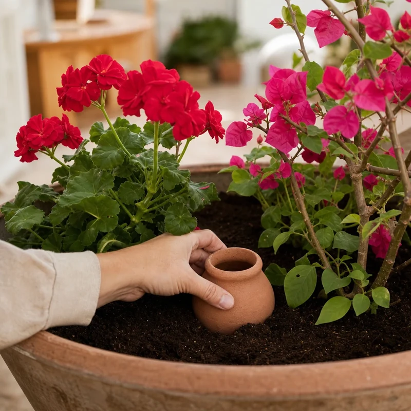 Installation d'un oya en terre cuite dans une jardinière de balcon