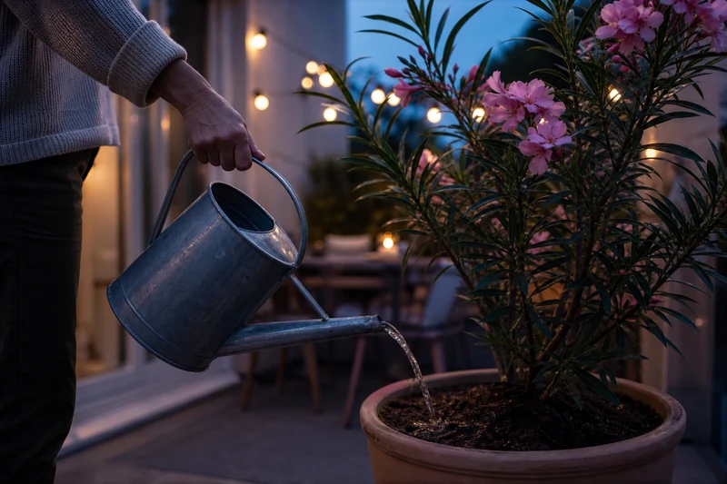 Arrosage du soir d'un laurier-rose en pot sur balcon