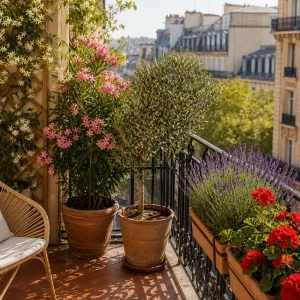 Balcon parisien végétalisé avec jasmin étoilé, laurier-rose et lavande en pleine canicule