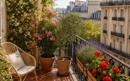 Balcon parisien végétalisé avec jasmin étoilé, laurier-rose et lavande en pleine canicule