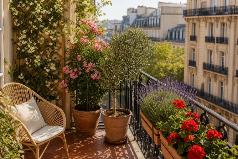 Balcon parisien végétalisé avec jasmin étoilé, laurier-rose et lavande en pleine canicule