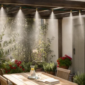 Brumisateur DIY en tuyau d'arrosage récup projetant une fine brume au-dessus d'une terrasse française sous une pergola