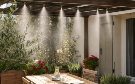 Brumisateur DIY en tuyau d'arrosage récup projetant une fine brume au-dessus d'une terrasse française sous une pergola