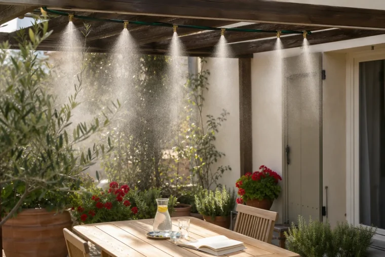 Brumisateur DIY en tuyau d'arrosage récup projetant une fine brume au-dessus d'une terrasse française sous une pergola