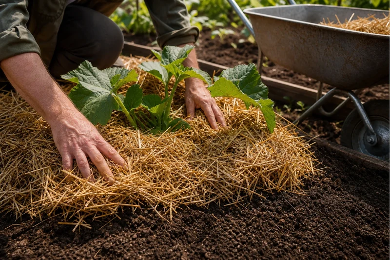 Mains étalant 10 cm de paille de blé autour d'un plant de courgette pour pailler en juillet