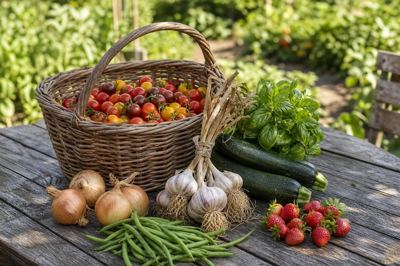 Récolte de mi-juillet sur table en bois : tomates cerises, courgettes, ail, oignons, haricots verts et basilic