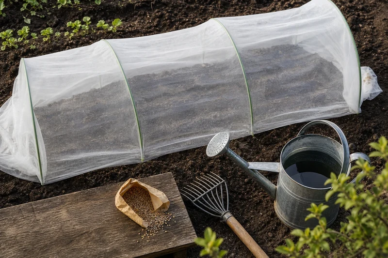 Semis de mâche sous voile d'ombrage blanc avec arceaux verts, arrosoir en zinc et sachet de graines