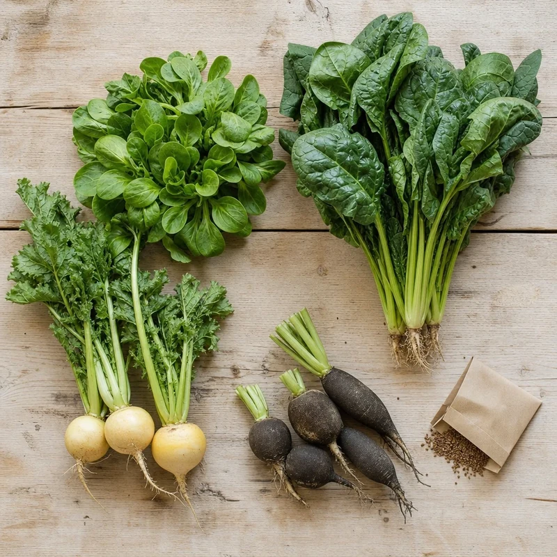 Légumes d'arrière-saison à semer en juillet : mâche, épinards Géant d'Hiver, navets Boule d'Or, radis noirs et sachet de graines