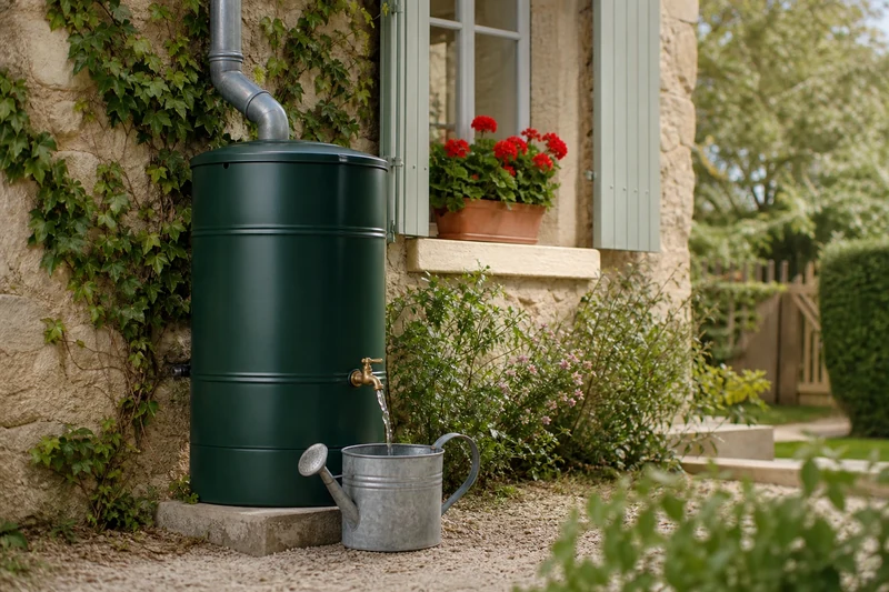 Récupérateur d'eau de pluie vert sous gouttière de maison française en pierre avec arrosoir en zinc