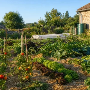 Potager français en juillet avec tomates tuteurées, paillis de paille et récupérateur d'eau de pluie en arrière-plan