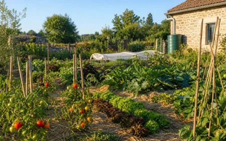 Potager français en juillet avec tomates tuteurées, paillis de paille et récupérateur d'eau de pluie en arrière-plan