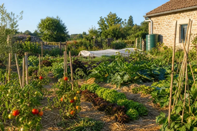 Potager français en juillet avec tomates tuteurées, paillis de paille et récupérateur d'eau de pluie en arrière-plan