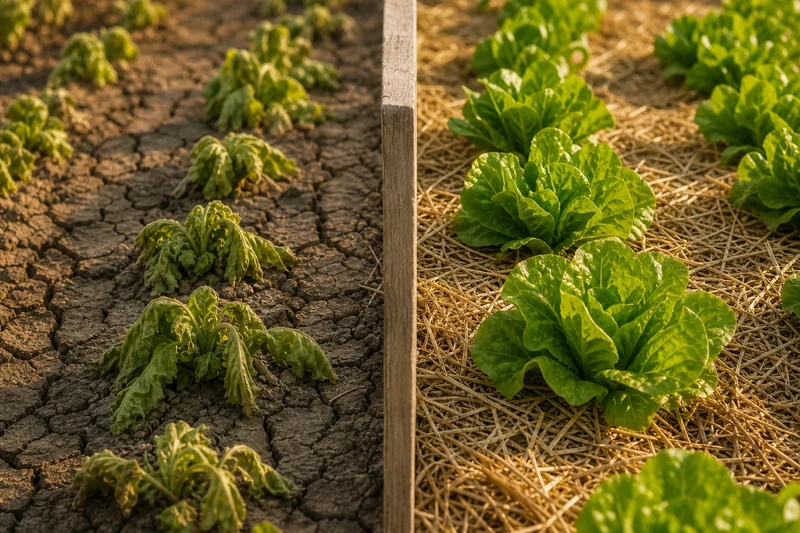 Comparaison entre un sol craquelé sans paillage et un sol protégé par un paillis de paille