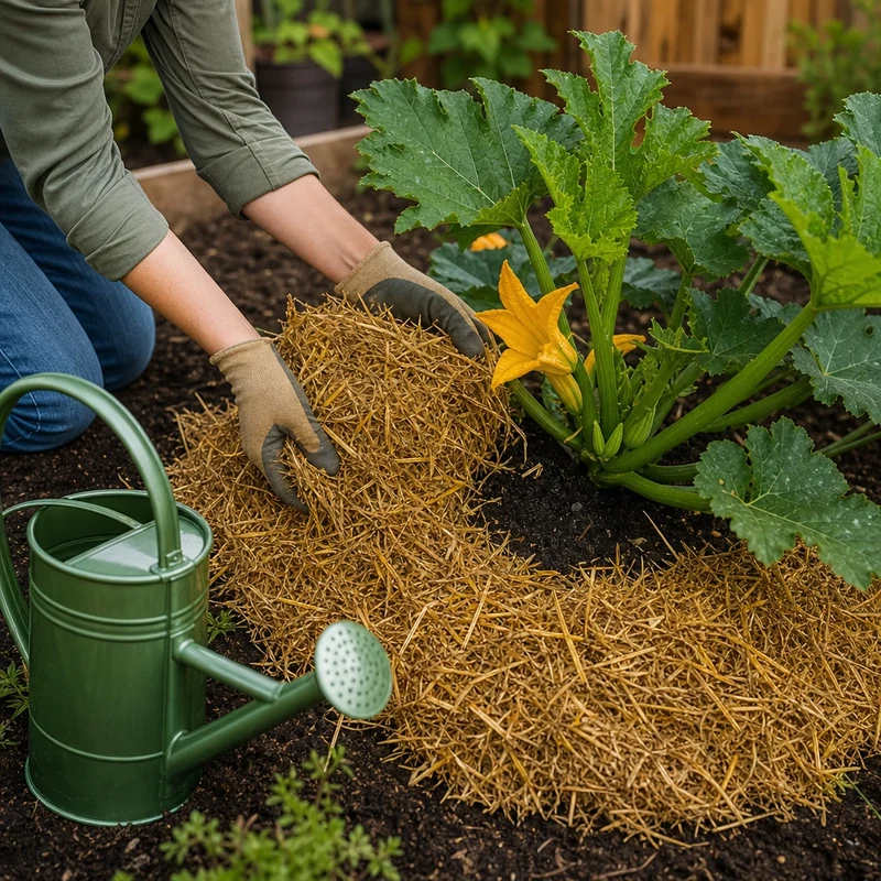 Pose d'un paillage de paille autour d'un pied de courgette