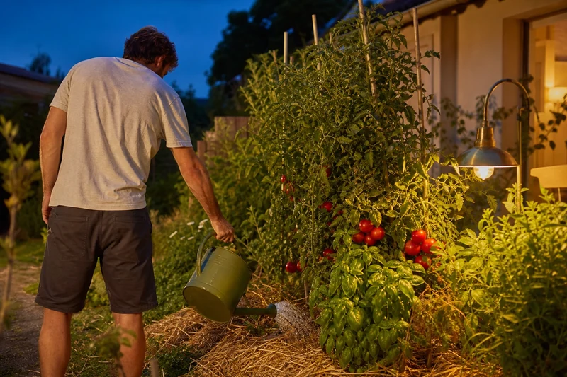 Arrosage du potager au pied à la tombée du jour pendant la canicule