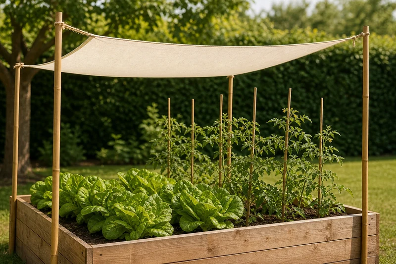 Voile d'ombrage tendu au-dessus d'un carré de potager en pleine canicule