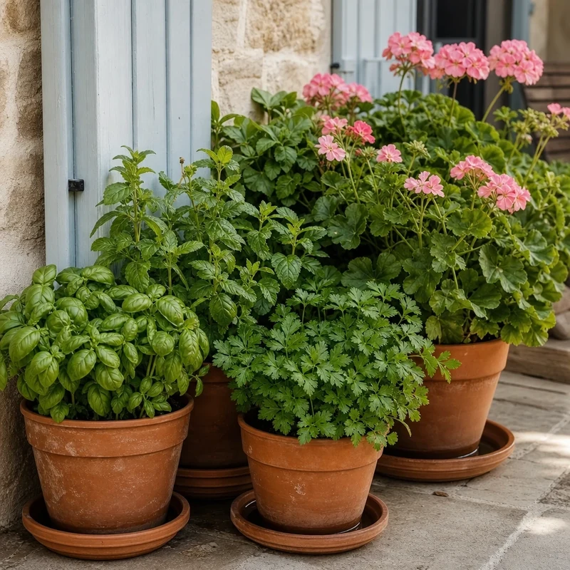 Pots de plantes aromatiques regroupés à l'ombre pendant la vague de chaleur