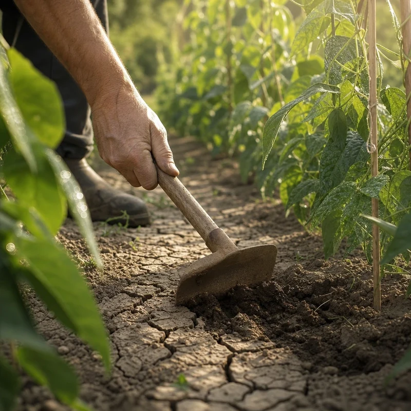 Binage de surface entre les rangs de haricots après la nuit fraîche