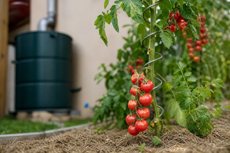 Pied de tomate cerise paillé et tuteuré, récupérateur d'eau de pluie en fond