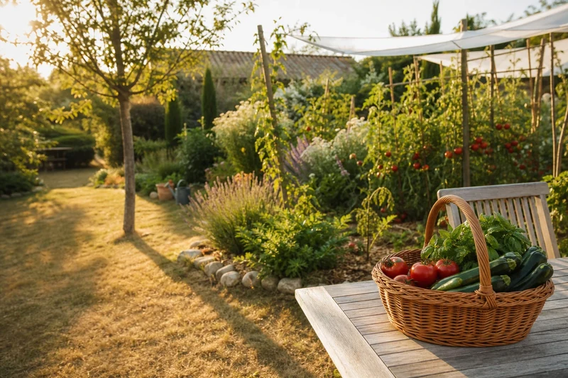 Jardin français sauvé après la canicule : pelouse jaune mais massifs et potager intacts