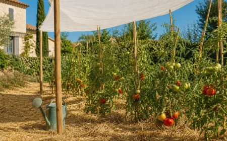Potager paillé et ombragé pendant une vague de chaleur en France