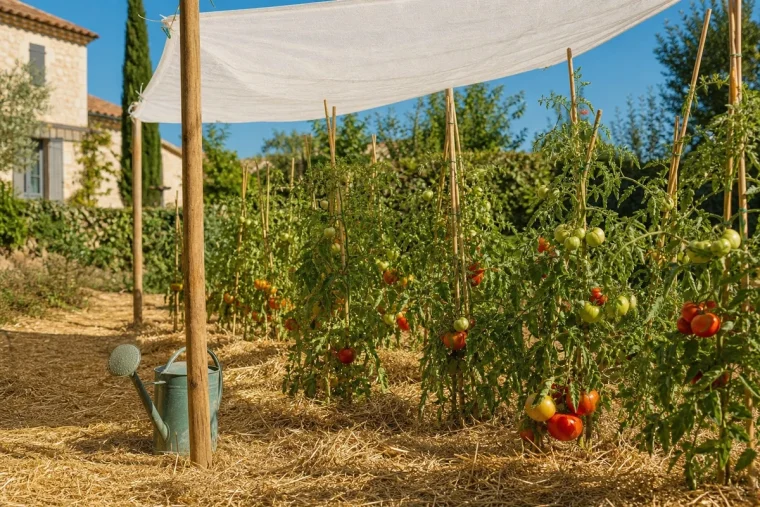 Potager paillé et ombragé pendant une vague de chaleur en France