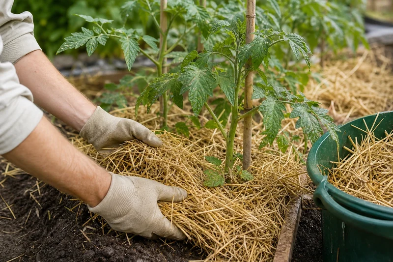 Installation d'un paillage de paille au pied de tomates dans un potager français