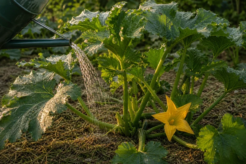 Arrosage matinal au pied de pieds de courgettes dans un potager