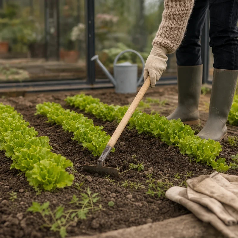 Binage entre des rangs de salades avec une binette à manche en bois