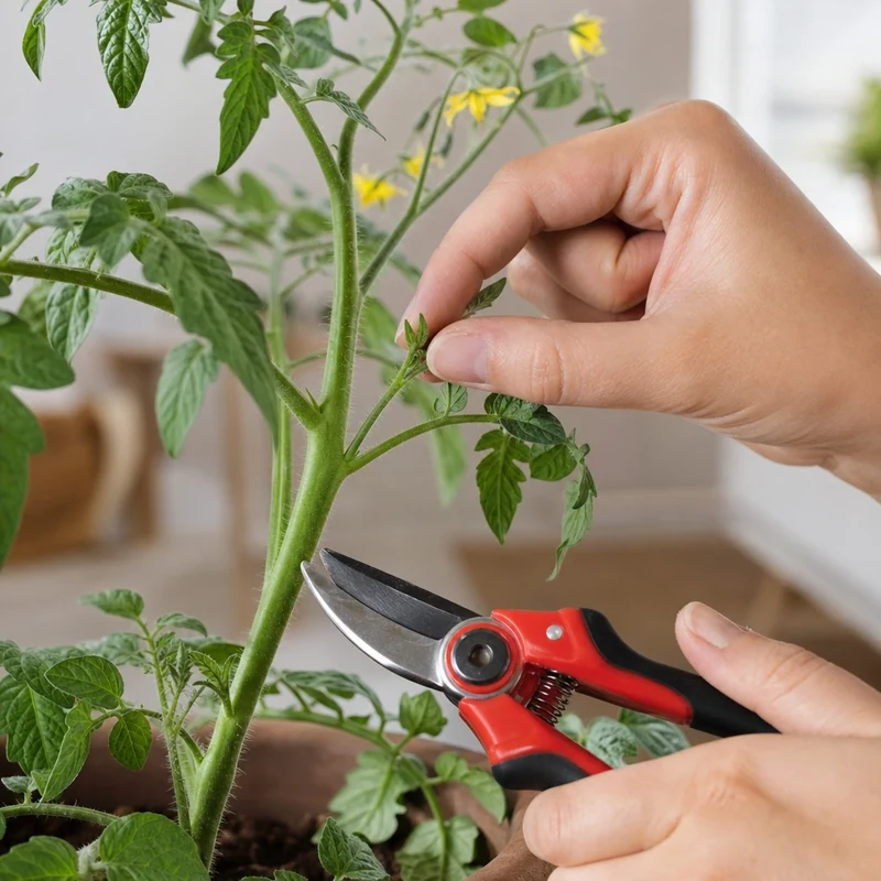 Pincement des gourmands sur un pied de tomate avec un sécateur rouge
