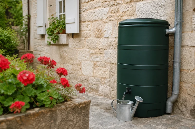 Récupérateur d'eau de pluie vert raccordé à une gouttière contre un mur en pierre