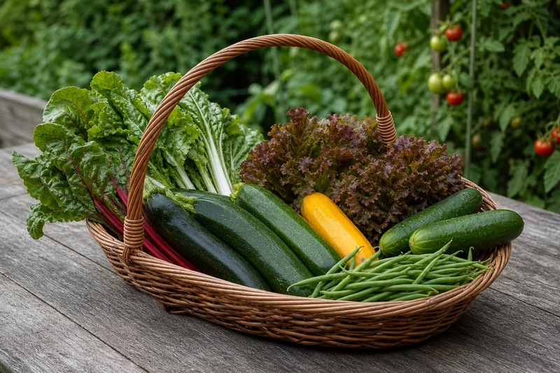 Panier de récolte de fin juin avec courgettes, salades, blettes et haricots