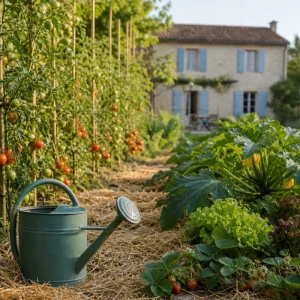 Potager français en juin avec tomates tuteurées, courgettes et paillage de paille