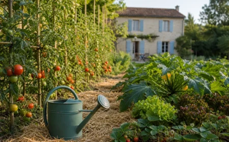 Potager français en juin avec tomates tuteurées, courgettes et paillage de paille