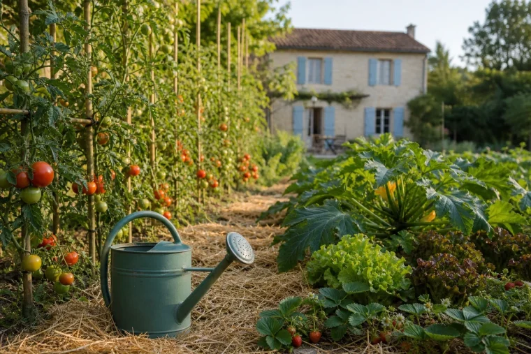 Potager français en juin avec tomates tuteurées, courgettes et paillage de paille