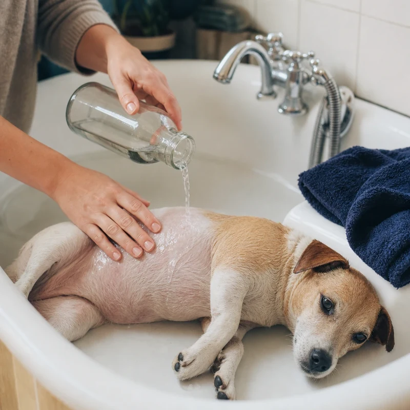 Refroidir progressivement un chien avec de l'eau tiède versée sur le ventre